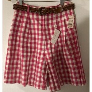 Rafaella Petites Shorts Womens 10 Pink White Plaid Cotton High Rise Woven Belt